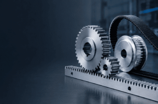Gear rack with spur gears, timing pulley and timing belt