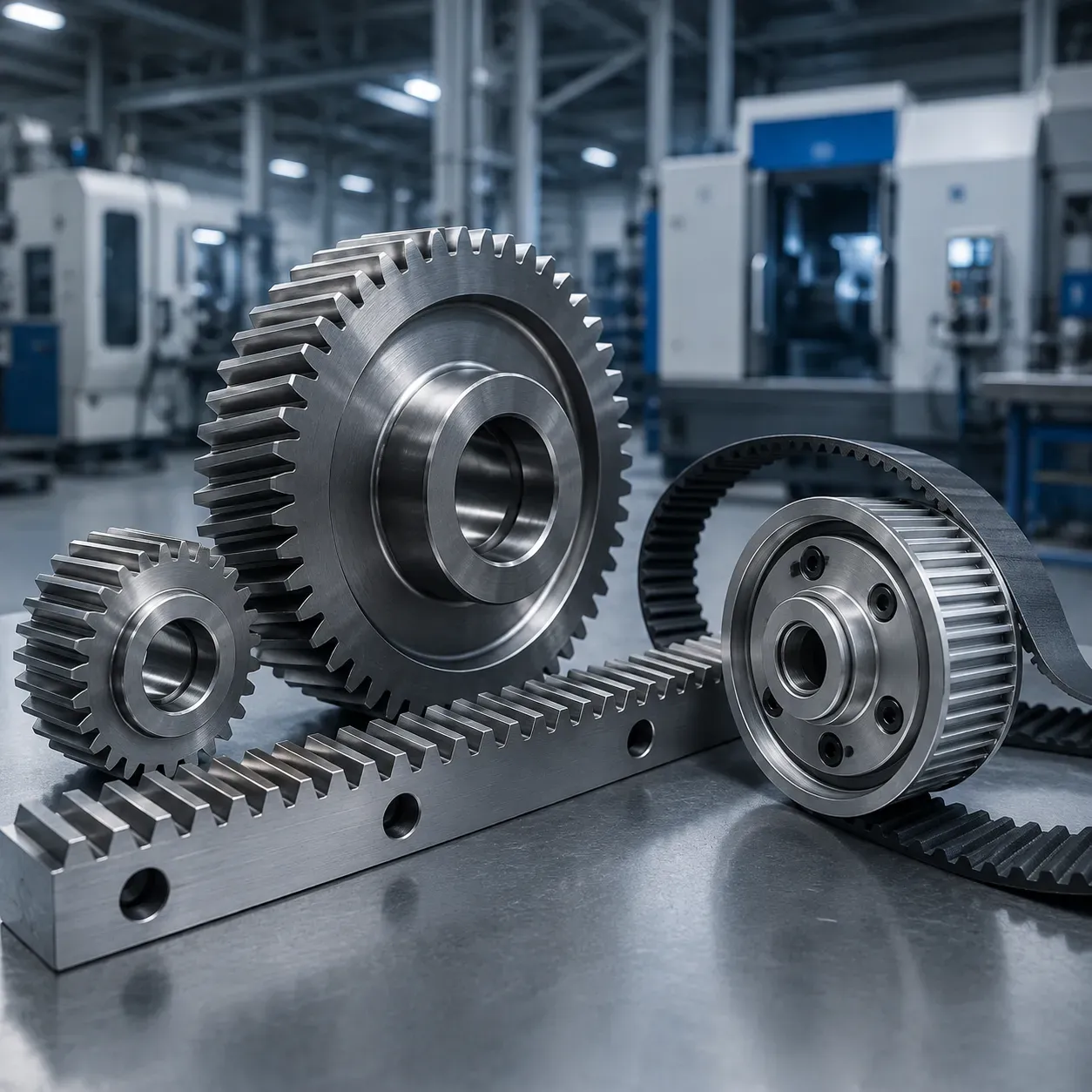Spur gears, gear rack, timing pulley and timing belt in a machining workshop