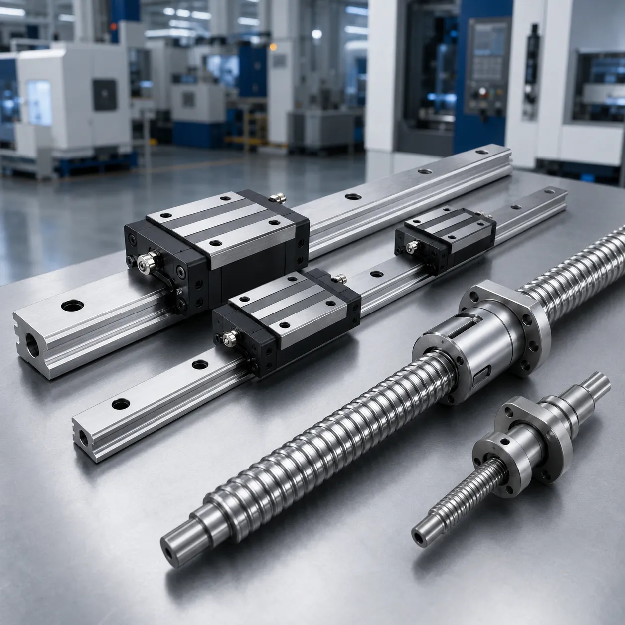 Linear guide rails with carriage blocks and ball screws on a workshop bench