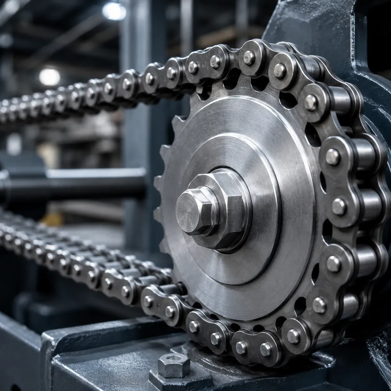 Roller chain engaged with a steel sprocket on industrial equipment