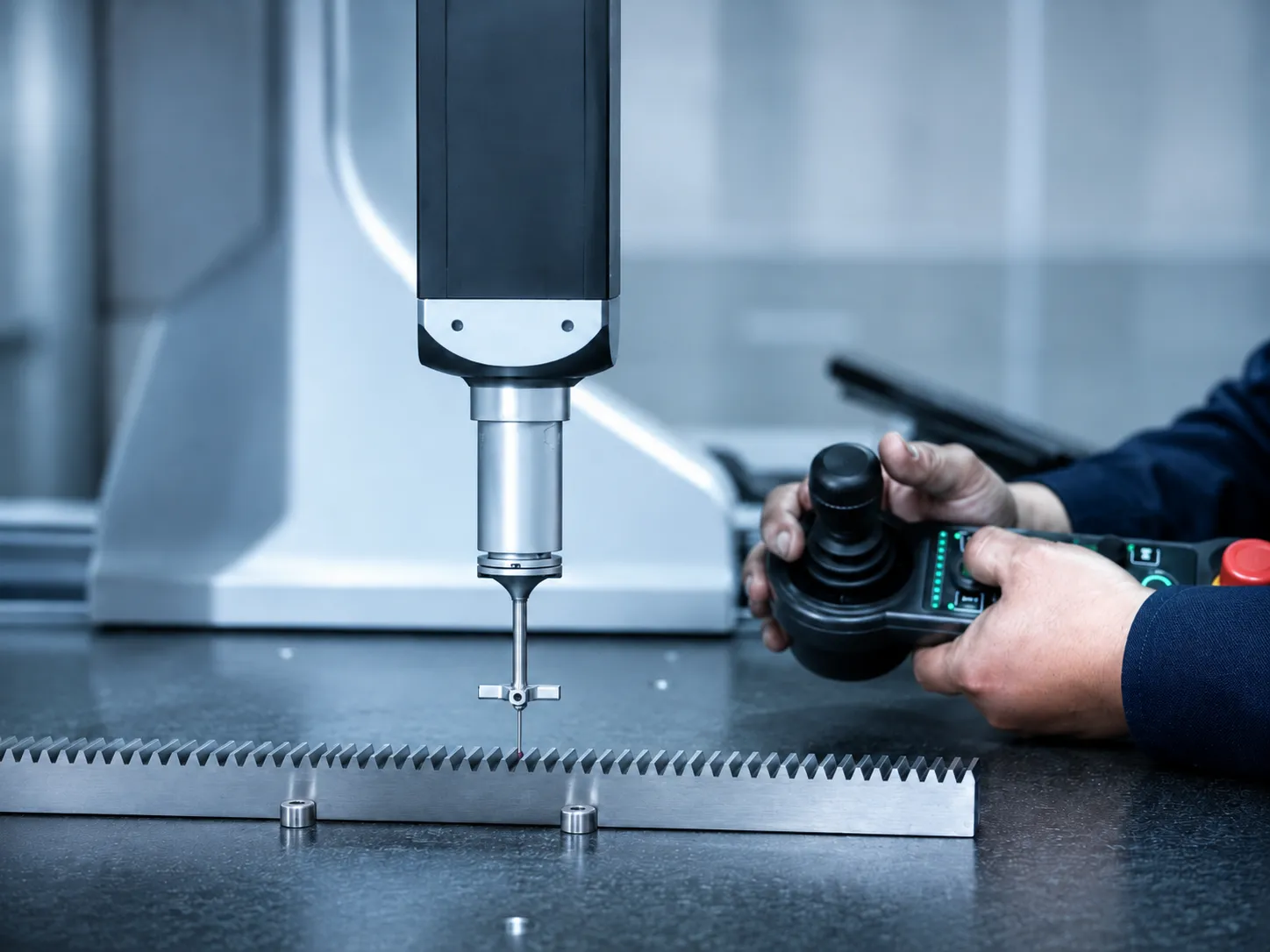 Coordinate measuring machine inspecting a precision gear rack