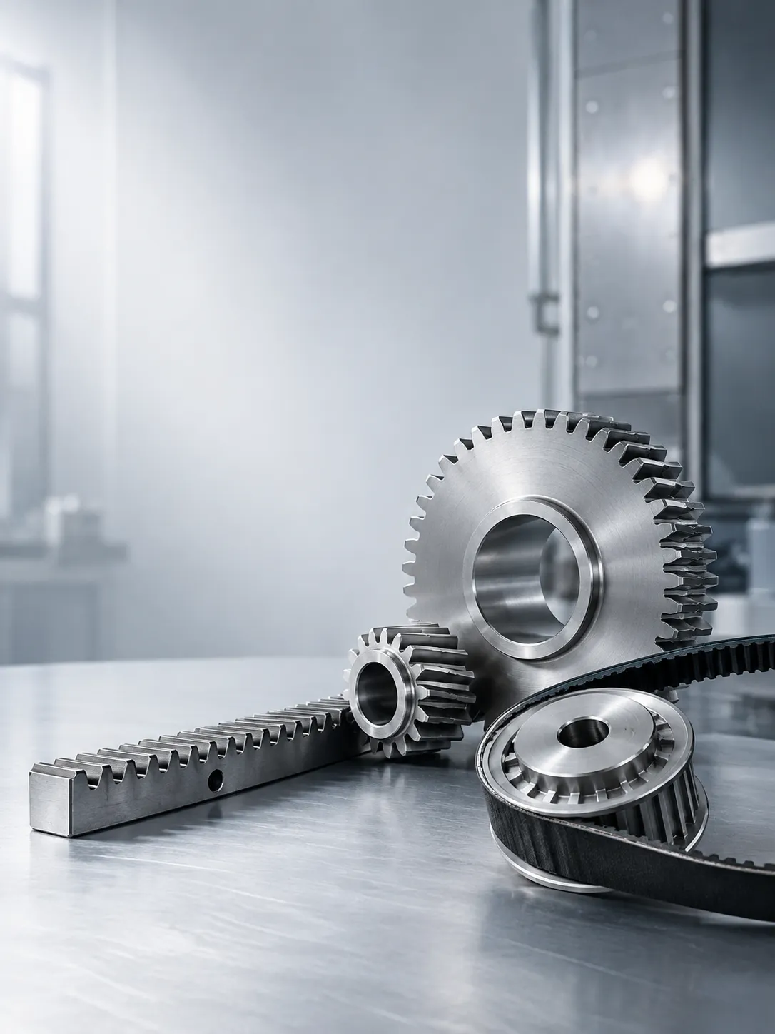 Gears, gear racks, timing pulleys and timing belts