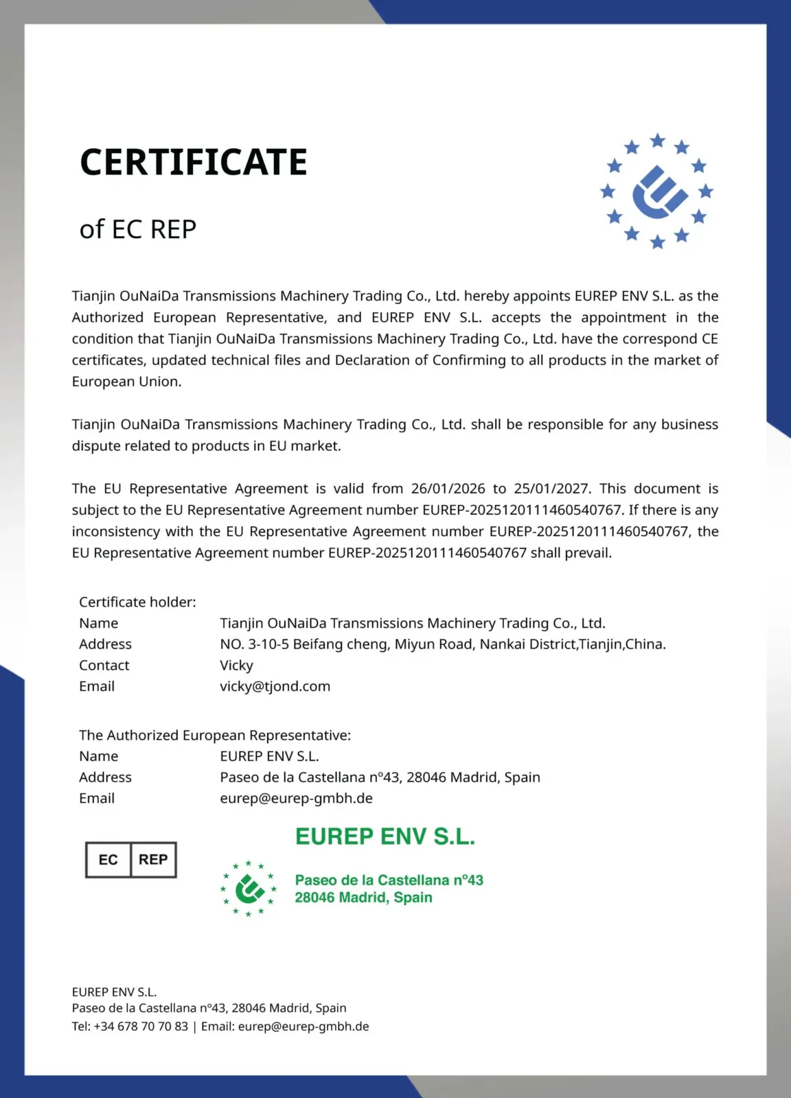 GPSR EU authorised representative certificate