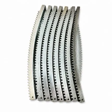 Set of galvanized curved gear rack segments on white background for greenhouse vent systems