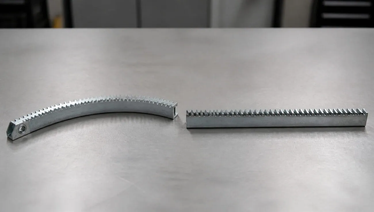 Curved arc gear rack segment and straight linear gear rack shown side by side for greenhouse vent comparison