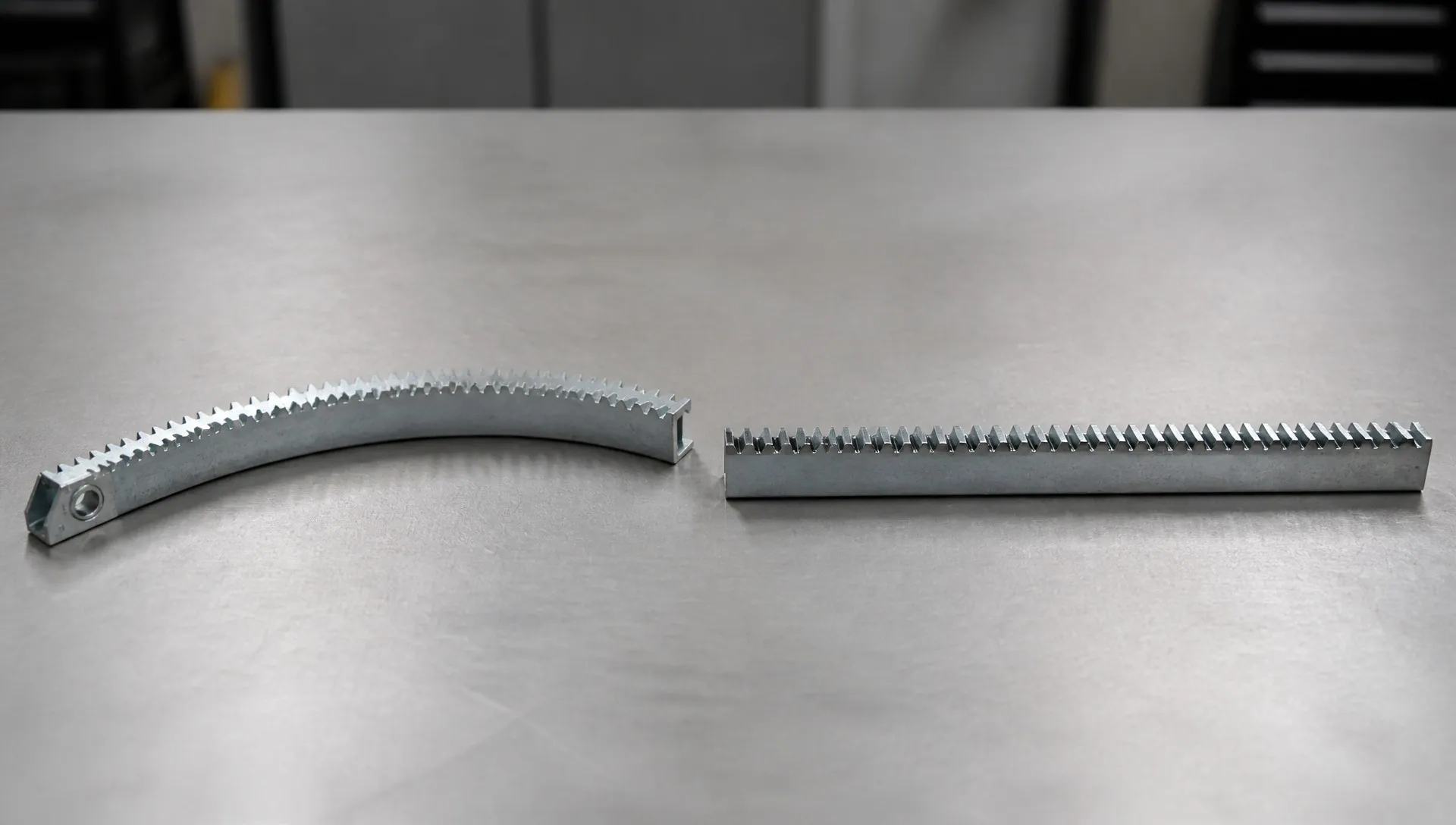 Curved vs Straight Gear Rack Curved arc gear rack segment and straight linear gear rack shown side by side for greenhouse vent comparison