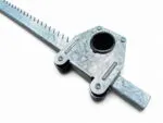 Galvanized rack and pinion bracket on white background showing spangle finish, slotted plate and black bearing collar