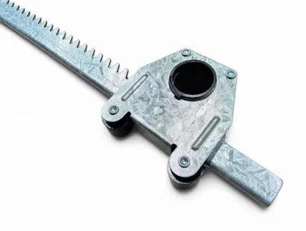 Galvanized rack and pinion bracket on white background showing spangle finish, slotted plate and black bearing collar