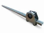 Galvanized greenhouse rack and pinion set on white background, straight toothed rack with bracket and pinion housing