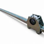 Galvanized greenhouse rack and pinion set on white background, straight toothed rack with bracket and pinion housing