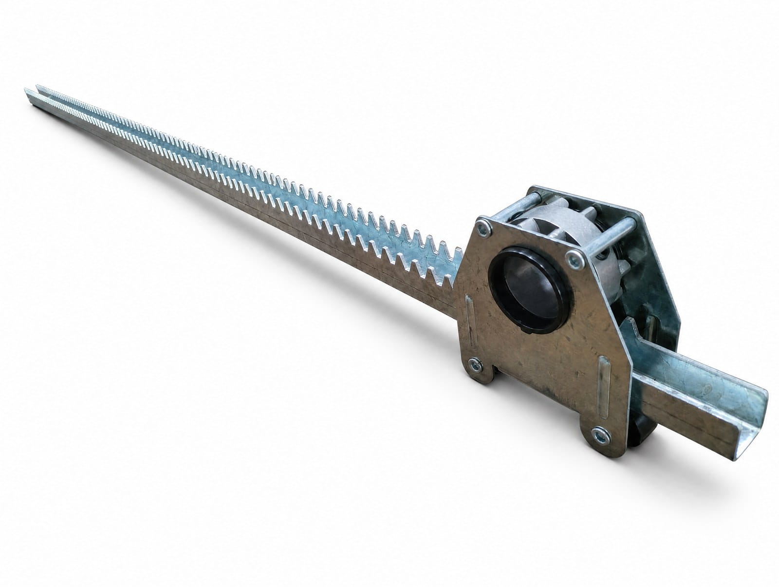 Galvanized greenhouse rack and pinion set on white backgroun Galvanized greenhouse rack and pinion set on white background, straight toothed rack with bracket and pinion housing