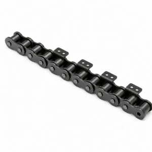 Agricultural machinery roller chain with bent attachment tabs for harvesters and feeders