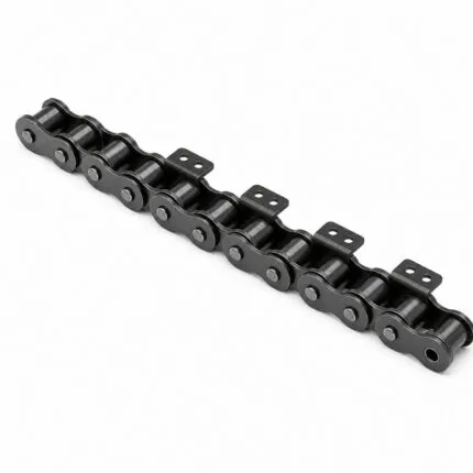 Agricultural machinery roller chain with bent attachment tabs for harvesters and feeders