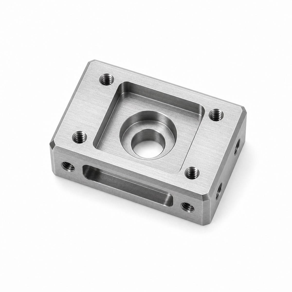 Custom CNC Milled Component CNC milled steel block component with pocket, counterbored hole and tapped holes