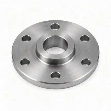 CNC turned steel flange with centre hub, bore and six bolt holes