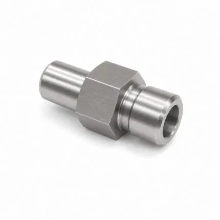 CNC turned stainless steel fitting with hex flats and through bore