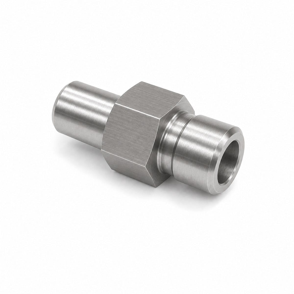 Custom Stainless Steel Machined Part CNC turned stainless steel fitting with hex flats and through bore