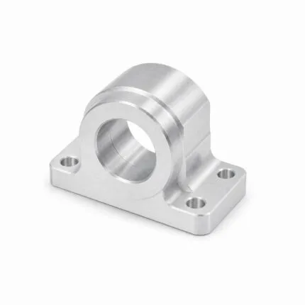 CNC machined aluminium bearing housing with bore and mounting holes