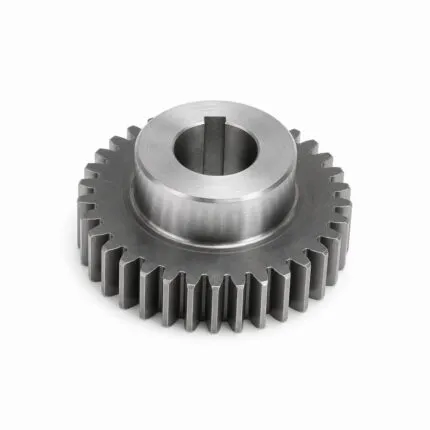 CNC machined steel hub spur gear with keyed bore, custom transmission component