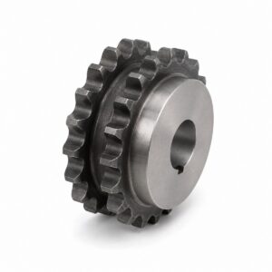 Duplex roller chain sprocket with two tooth rows and hub