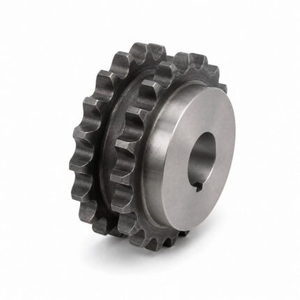 Duplex roller chain sprocket with two tooth rows and hub