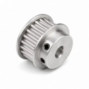 HTD timing pulley in aluminium with curvilinear teeth, flanges and set-screw hub