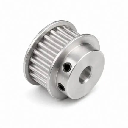 HTD timing pulley in aluminium with curvilinear teeth, flanges and set-screw hub