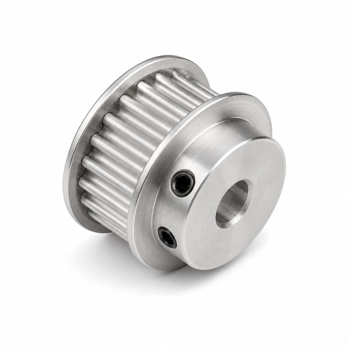 HTD Timing Pulley HTD timing pulley in aluminium with curvilinear teeth, flanges and set-screw hub