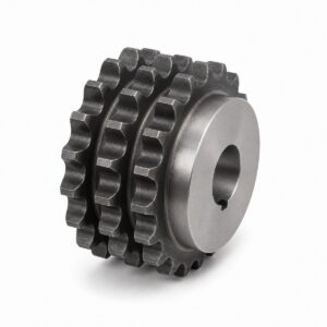 Triplex roller chain sprocket with three tooth rows and hub