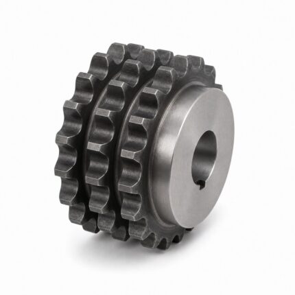 Triplex roller chain sprocket with three tooth rows and hub