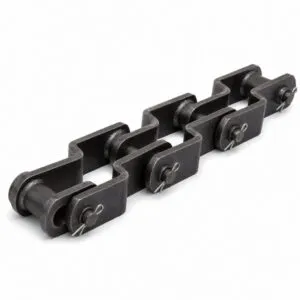 Welded steel drag chain with offset sidebars welded to barrels for heavy bulk handling