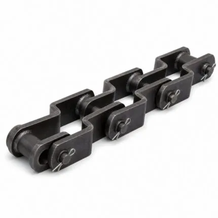 Welded steel drag chain with offset sidebars welded to barrels for heavy bulk handling